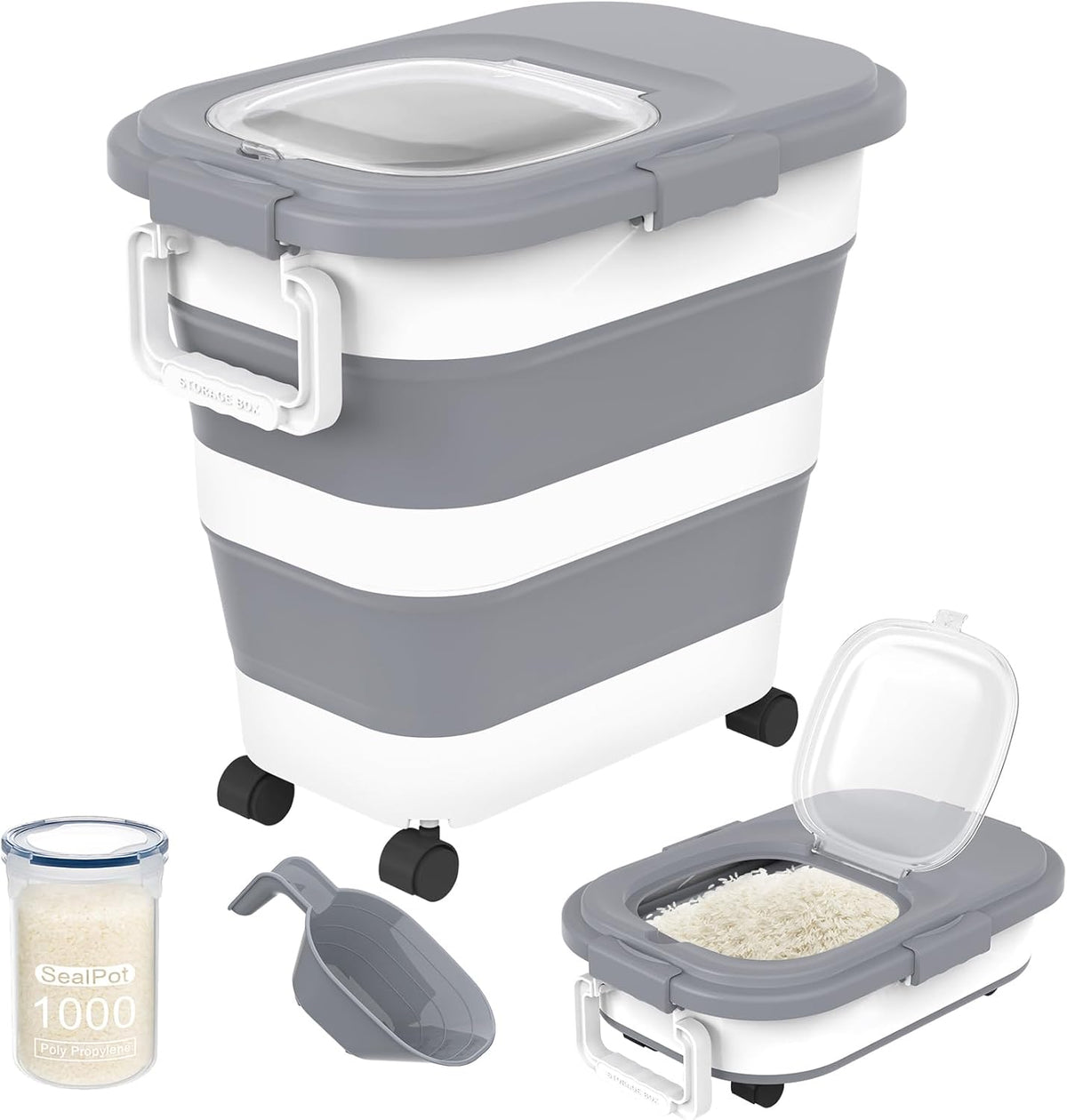 HOYTAMDA 20-30Lbs Rice Container,Collapsible Airtight Food Storage Containers with Wheels,Handle,Rice Storage Container with Small Bin and Scoop,Rice Dispenser for Flour Sugar Cereal Grain Dog Cat