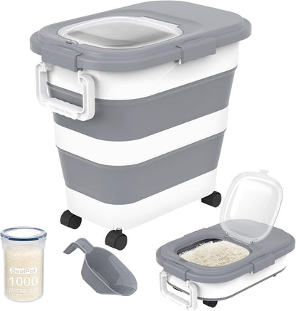 HOYTAMDA 20-30Lbs Rice Container,Collapsible Airtight Food Storage Containers with Wheels,Handle,Rice Storage Container with Small Bin and Scoop,Rice Dispenser for Flour Sugar Cereal Grain Dog Cat