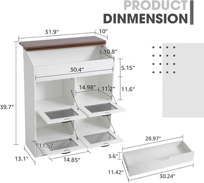 Patiorama Wood Potato and Onion Storage Bin Box with Lid, 4-Tier Farmhouse Wooden Bread Box Cabinet with 2 Mesh Doors & Rolling Drawer, Large Vegetable Storage Bin Organizer for Kitchen Pantry White