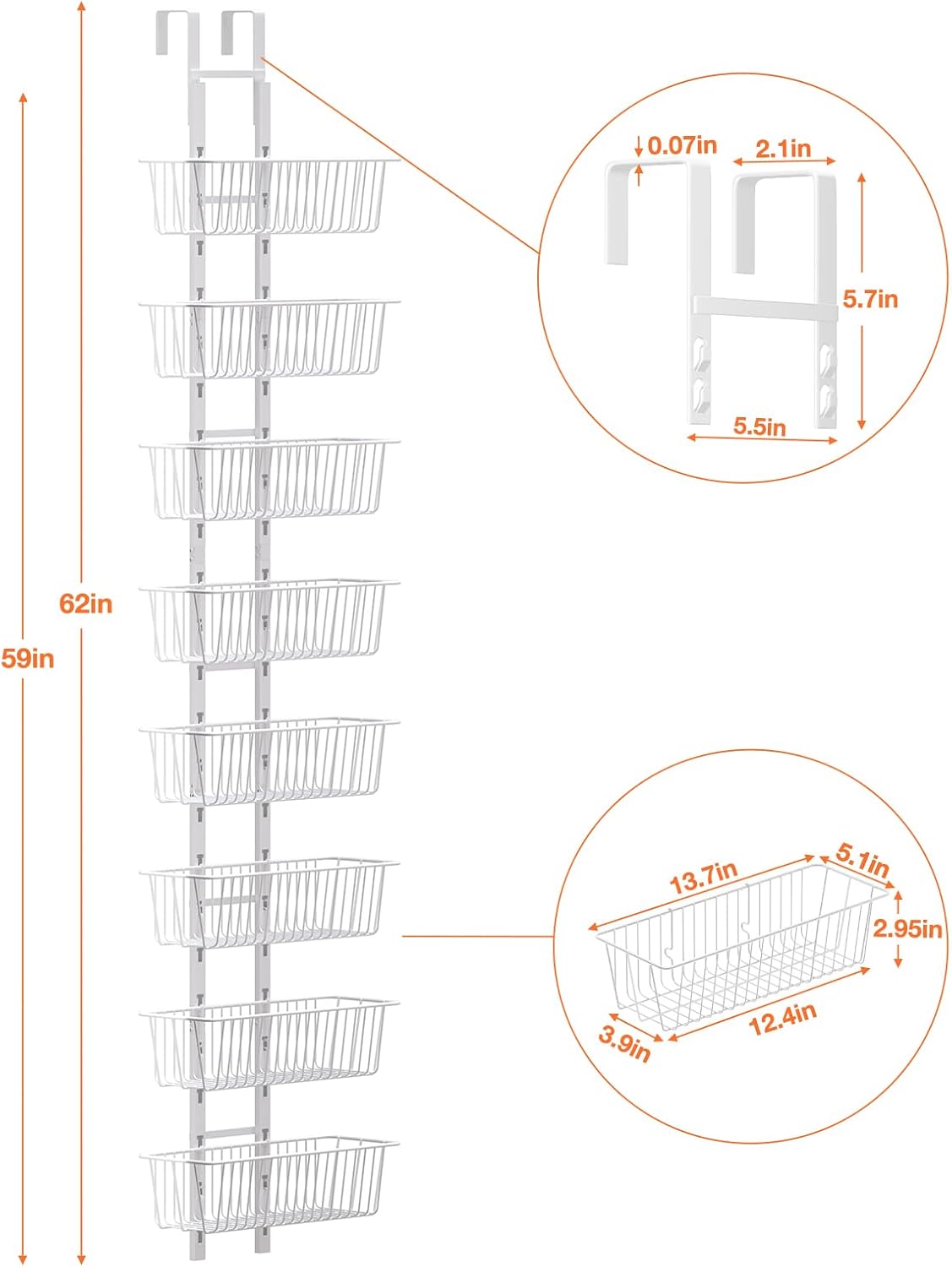 10 Tier Over the Door Pantry Organizer, Over the Door Spice Rack with Adjustable Baskets, Metal Hanging Door Pantry Organizers and Storage for Kitchen Bathroom Bedroom, White