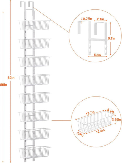 10 Tier Over the Door Pantry Organizer, Over the Door Spice Rack with Adjustable Baskets, Metal Hanging Door Pantry Organizers and Storage for Kitchen Bathroom Bedroom, White