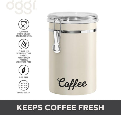 Oggi Stainless Steel Sugar Canister 62 fl oz - Airtight Clamp Lid, Clear See-Thru Top - Ideal Sugar Container for Countertop, Sugar Jar, Bulk Sugar Storage. Large Size 5" x 7.5".