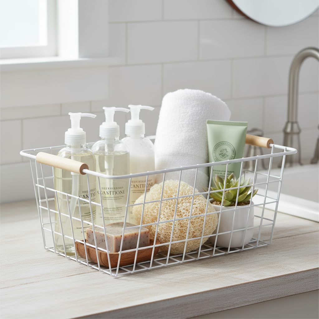 White Metal Wire Food Storage Basket with Wooden Handles for Organizing Snack Basket,Pantry Organizers and Storage for Kitchen Cabinets 4 Pack (Medium)