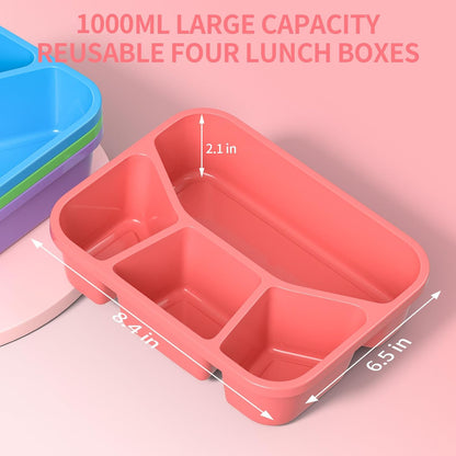 Bento Box Adult Lunch Box (4 Pack), 4-Compartment Meal Prep Container for Kids, Reusable Food Storage Containers with Transparent Lids, No BPA, Microwaveable (Wheat (Green/Blue/Pink/Beige))