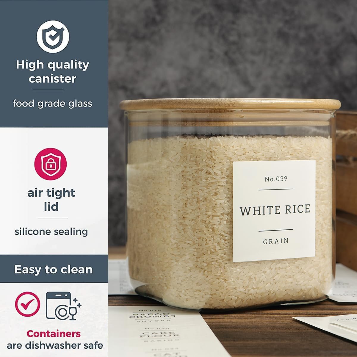 HHMJSM Large Glass Storage Jars With Airtight Bamboo Lid - 100 Fl Oz Thicken Kitchen Glass Food Storage Canister With 42 Pantry Labels - Big Clear Flour And Sugar Containers Farmhouse