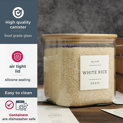 HHMJSM Large Glass Storage Jars With Airtight Bamboo Lid - 100 Fl Oz Thicken Kitchen Glass Food Storage Canister With 42 Pantry Labels - Big Clear Flour And Sugar Containers Farmhouse