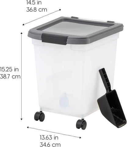 IRIS USA Airtight Dog Food Storage Container, WeatherPro, Up to 50 lbs, Removable Wheels, for Dog Cat Bird and Other Pet Food Storage Bin, Keep Fresh, Translucent Body, Made in USA, Clear/Gray