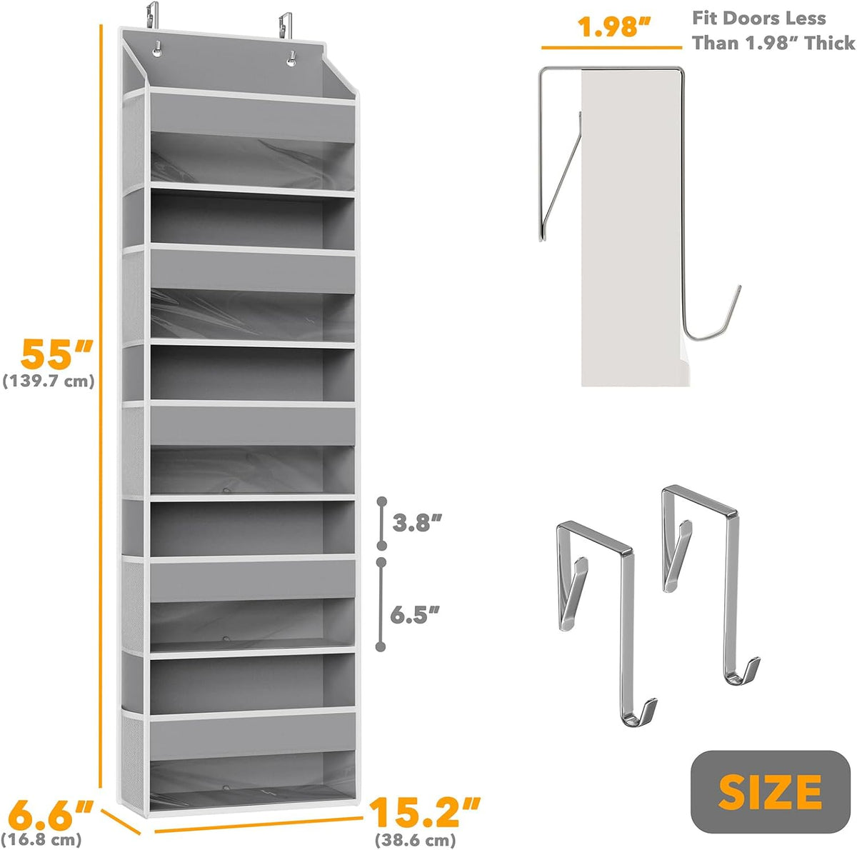 SpaceAid Over The Door Organizer with 5 Large Pockets and 10 Mesh Side Pockets, 5 Layers Door Organizer Hanging with Clear Window for Bedroom, Bathroom, Pantry and Nursery, Gray