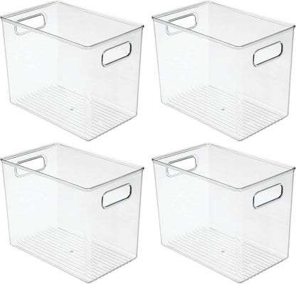 mDesign Plastic Deep Kitchen and Pantry Organizer Storage Bin with Handles for Cabinet, Fridge, Freezer - Food Storage Containers for Snacks, Yogurt Pouches or Fruit, Ligne Collection, 4 Pack, Clear
