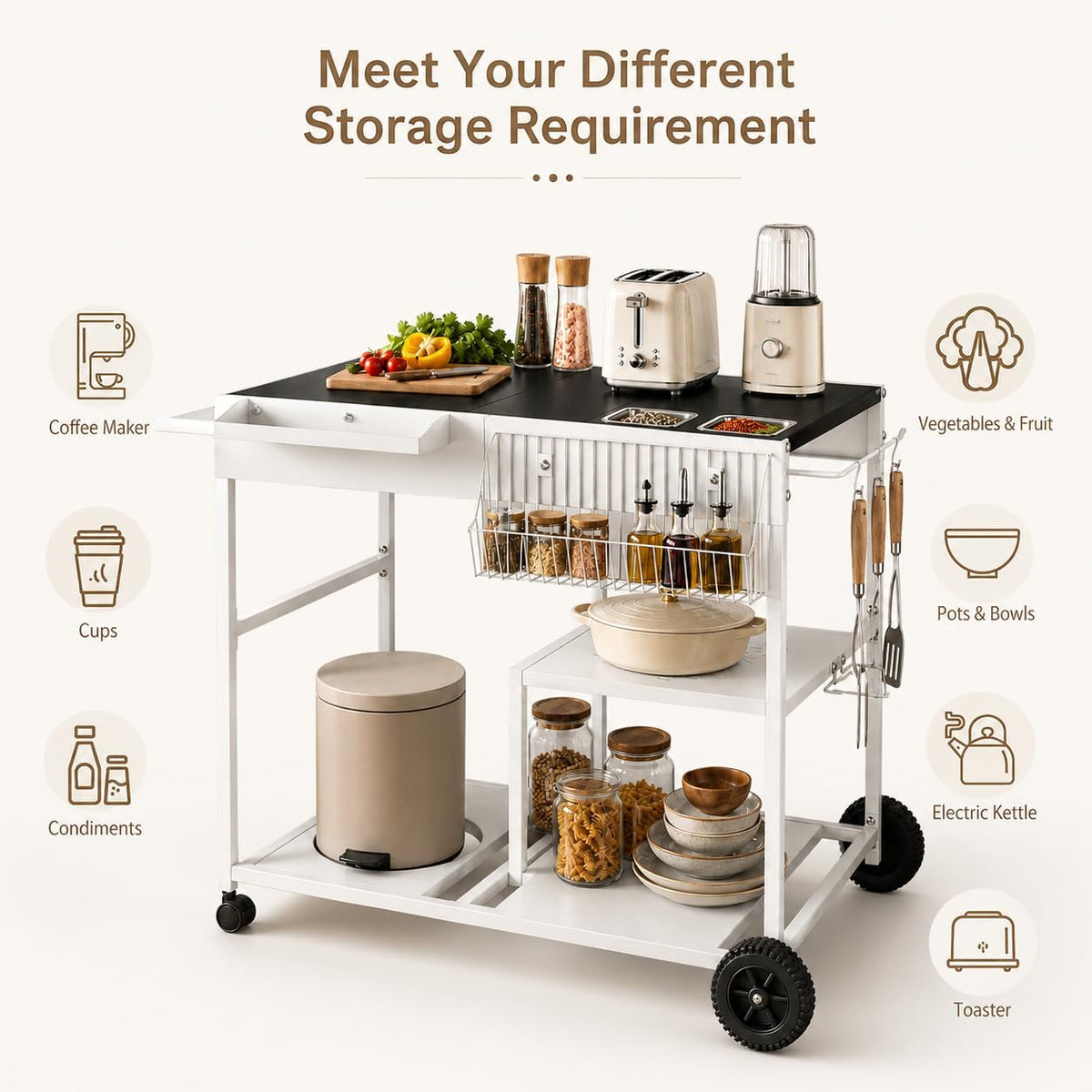 SUNLEI Rolling Cart Kitchen Storage Organizer with Spice Basket, Kitchen Island on Wheels with Paper Towel Holder, Lockable Wheels & Bottle Opener, Trash Bag Holder for Kitchen(Black)