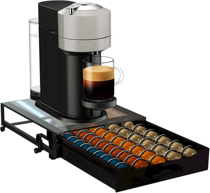 Vertuo Pod Holder Drawer with Deluxe Black Tempered Glass Top, Compatible for Nespresso VertuoLine Pods, Holds up to 75 Small or 50 Big Vertuo Pods Compact Design (Piano Black Nespresso Pods Holder)