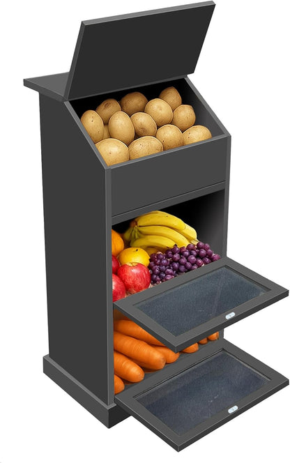 Potato Storage Bin, 3-Tier Potato and Onion Storage Bin with Lid, Wooden Bread Box for Fruit and Vegetable,Food Storage Containers for Kitchen Pantry (Oak)