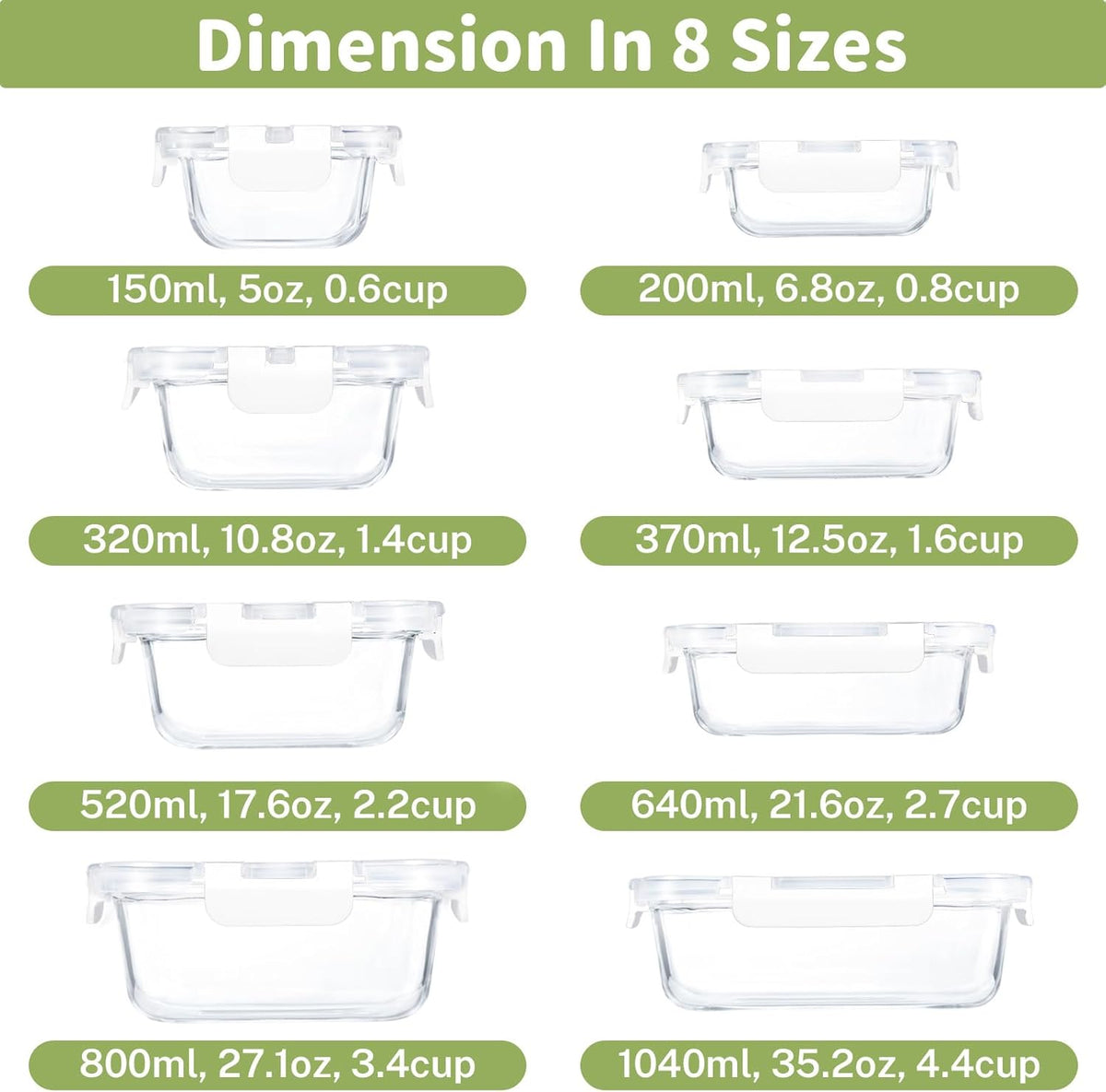 8 Pack Borosilicate Glass Food Storage Containers with Lids, Glass Meal Prep Containers, Airtight Bento Lunch Boxes with Snap Locks, Oven, Freezer and Dishwasher Safe, BPA Free, Kitchen Storage Set