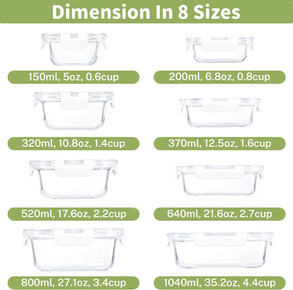 8 Pack Borosilicate Glass Food Storage Containers with Lids, Glass Meal Prep Containers, Airtight Bento Lunch Boxes with Snap Locks, Oven, Freezer and Dishwasher Safe, BPA Free, Kitchen Storage Set
