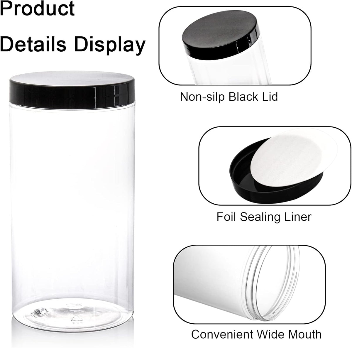 Lawei 8 Pack 34 oz Clear Plastic Jars with Black Lids - Plastic Food Storage Jars for Kitchen & Household Storage of Dry Goods, Nuts, Cookie and more