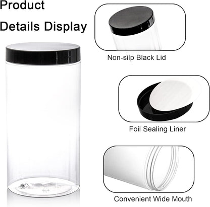 Lawei 8 Pack 34 oz Clear Plastic Jars with Black Lids - Plastic Food Storage Jars for Kitchen & Household Storage of Dry Goods, Nuts, Cookie and more