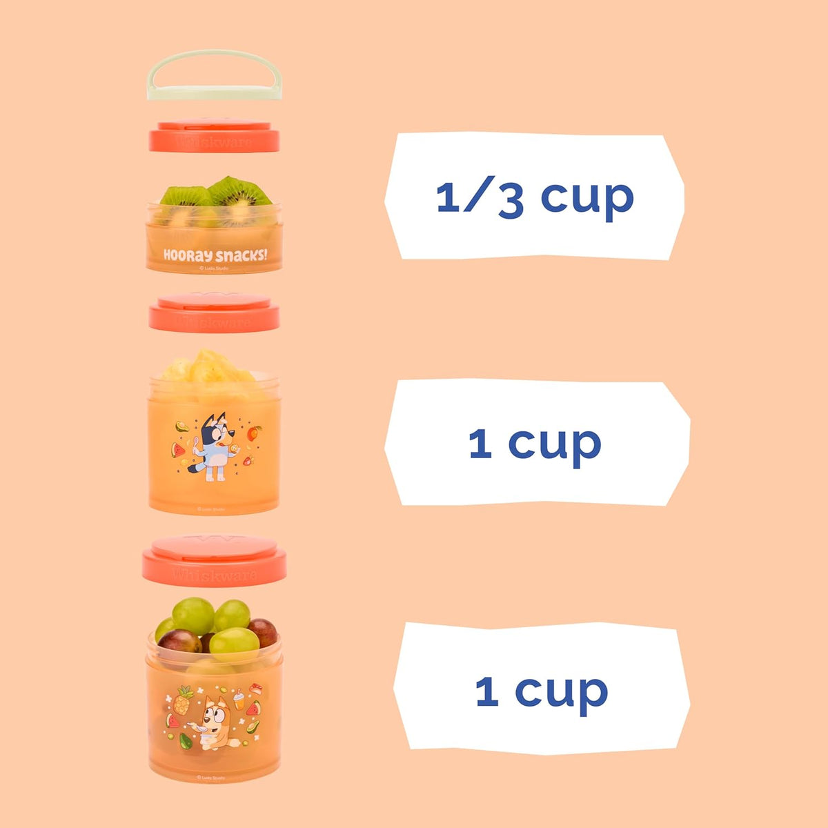 Whiskware Bluey Stackable Snack Containers for Babies, Toddlers, and Kids, 3 Stackable Snack Cups for School and Travel, Cupholder Friendly, Bluey and Bingo! Let’s Do This!