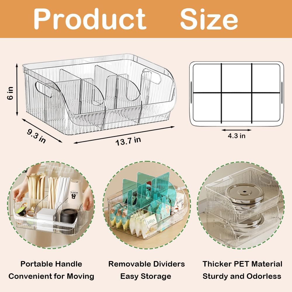 Large Snack Organizer for Countertop, 13.7"×9.3"×6" Clear Plastic Snack Storage Bin for Kitchen Pantry, 6 Compartment Snack Bar with Dividers for Cabinet, Chip Packet Holder for Office