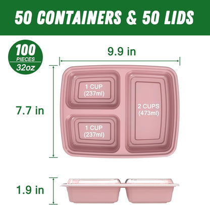 50 Pack (100-Piece) 32 oz Meal Prep Containers Reusable with Lids 3-Compartment, To Go Take Out Plastic Food Storage Containers, Sturdy Leakproof Food Safe, Microwave Freezer Dishwasher Safe, Black