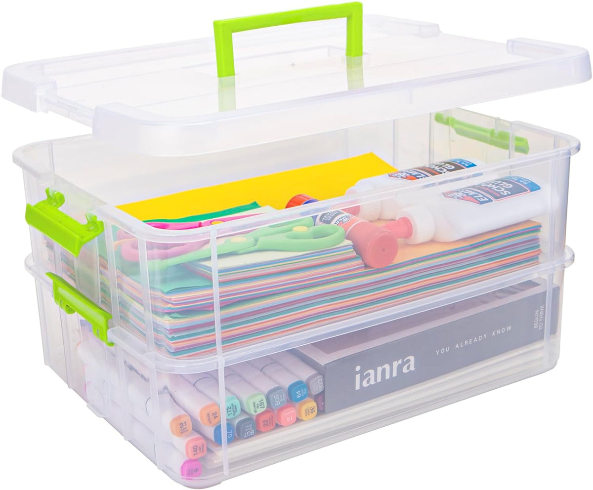 TERGOO 2 Layer Plastic Storage Containers with Lids, Multipurpose Clear Stack & Carry Box, Portable Craft Organizers and Storage Bin for Organizing Art & Craft, Sewing, Makeup, Nail Supplies (Blue)