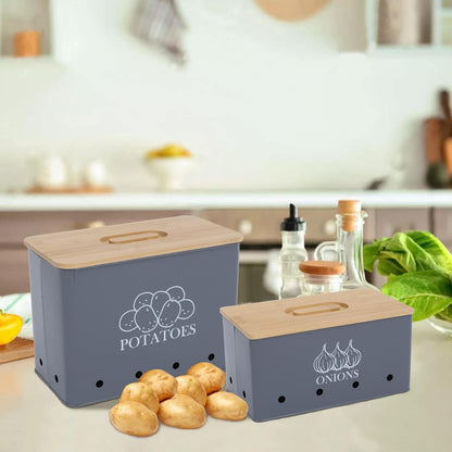 Potato Onion Storage Box, Food Container Sets, Storage Canisters for Vegeatables, Set of 2 Jars Pots Containers, Potato & Onion Bin with Aerating Tin Storage Holes & Bamboo Lid-White