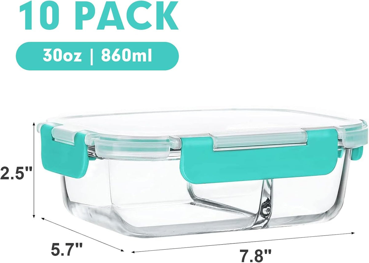 M MCIRCO 10-Pack,30 Oz Glass Meal Prep Containers 2 Compartments Airtight Lunch Bento Boxes with Lids, Glass Food Storage Containers, Microwave, Oven, Freezer, Dishwasher