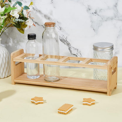 SUPERFINDINGS 4 Holes Wooden Kitchen Spice Bottle Organizer Rack 35.2x8x11cm Rectangle Slot Oil Vinegar Bottle Storage Display Rack Minimalism Kitchen Dispenser Olive Jar Standing Shelf Rack