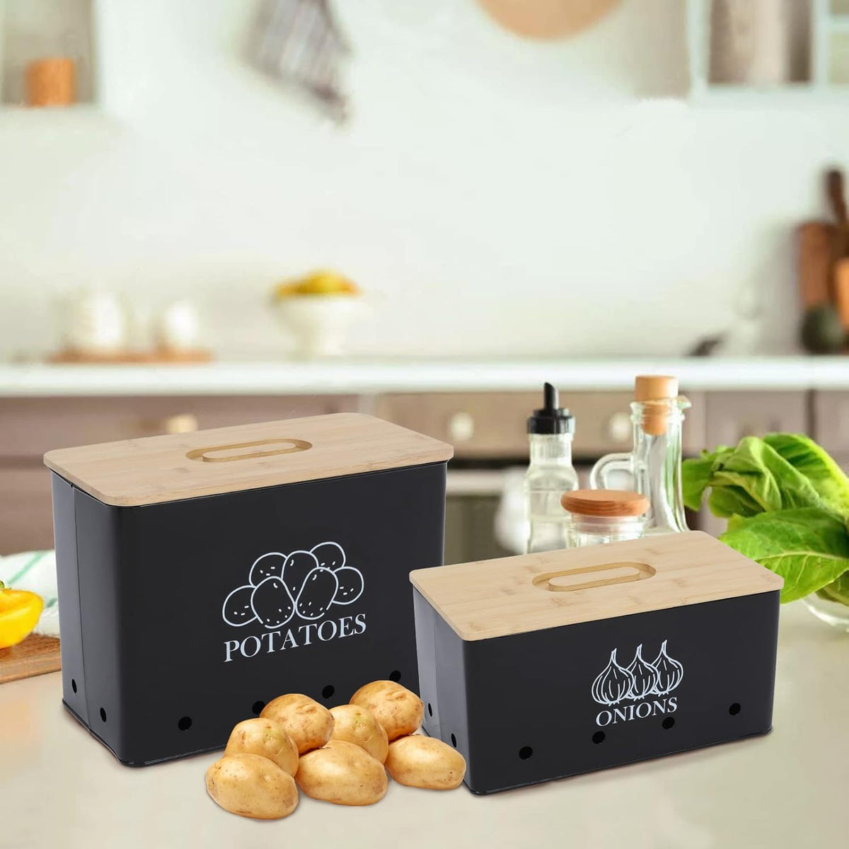 Potato Onion Storage Box, Food Container Sets, Storage Canisters for Vegeatables, Set of 2 Jars Pots Containers, Potato & Onion Bin with Aerating Tin Storage Holes & Bamboo Lid-White