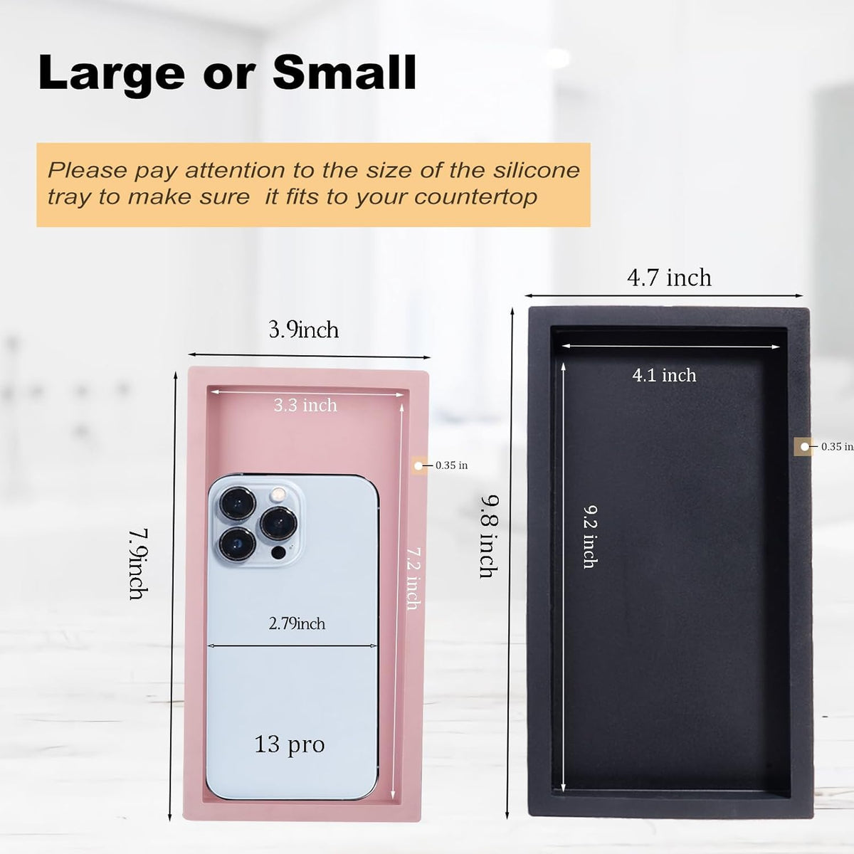 Small Silicone Bathroom Vanity Tray Rectangle Soap and Sponge Holder Kitchen Sink Organizer for Scrubber, Lotion Bottles, Perfume, Jewelry, Candle, Key Trinket Ring, Black