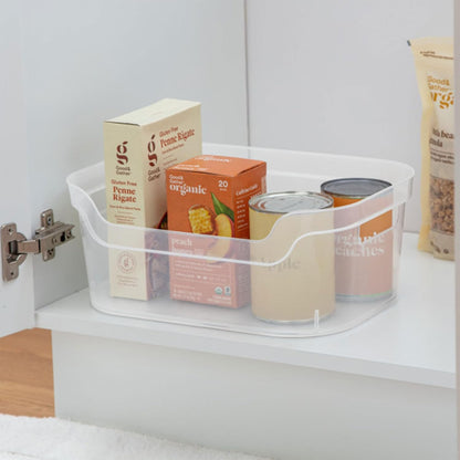 Sterilite 7 x 11 x 14.25 Inch Polished Open Scoop Front Storage Bin with Comfortable Carry Through Handles for Household Organization, Clear