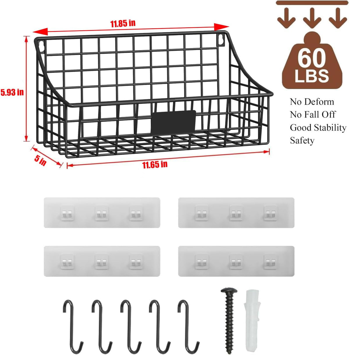 Sonyabecca 6 Pack Hanging Wall Basket for Organizing, Large Wire Basket for Storage Pantry with 5 S Hook+6 Adhesive Hook, Wall Mounted Shelf for Kitchen Bathroom