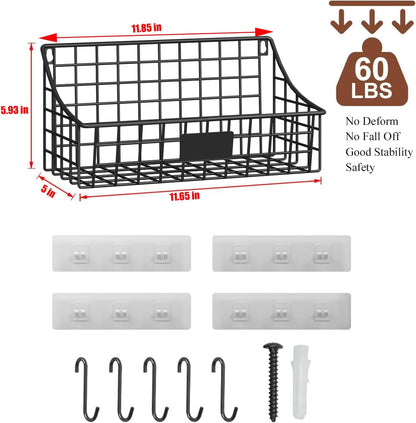 Sonyabecca 6 Pack Hanging Wall Basket for Organizing, Large Wire Basket for Storage Pantry with 5 S Hook+6 Adhesive Hook, Wall Mounted Shelf for Kitchen Bathroom