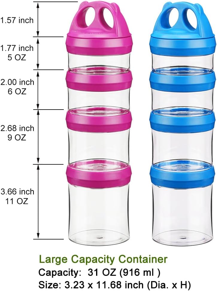 SELEWARE Portable Stackable Food Storage Containers for Snacks Formula Powder and Drinks Twist Lock System Airtight Leak-proof BPA and Phthalate Free 4 Piece Jars 31oz Blue