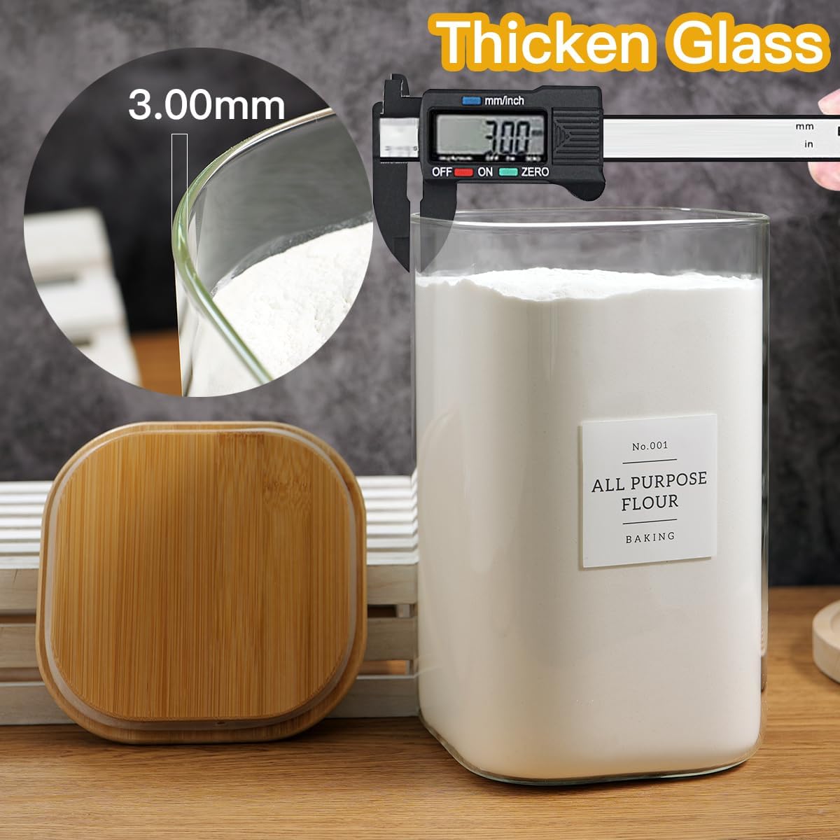 HHMJSM Large Glass Storage Jars With Airtight Bamboo Lid - 100 Fl Oz Thicken Kitchen Glass Food Storage Canister With 42 Pantry Labels - Big Clear Flour And Sugar Containers Farmhouse