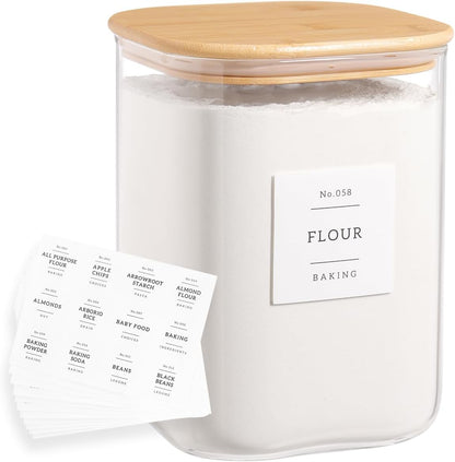HHMJSM Large Glass Storage Jars With Airtight Bamboo Lid - 100 Fl Oz Thicken Kitchen Glass Food Storage Canister With 42 Pantry Labels - Big Clear Flour And Sugar Containers Farmhouse
