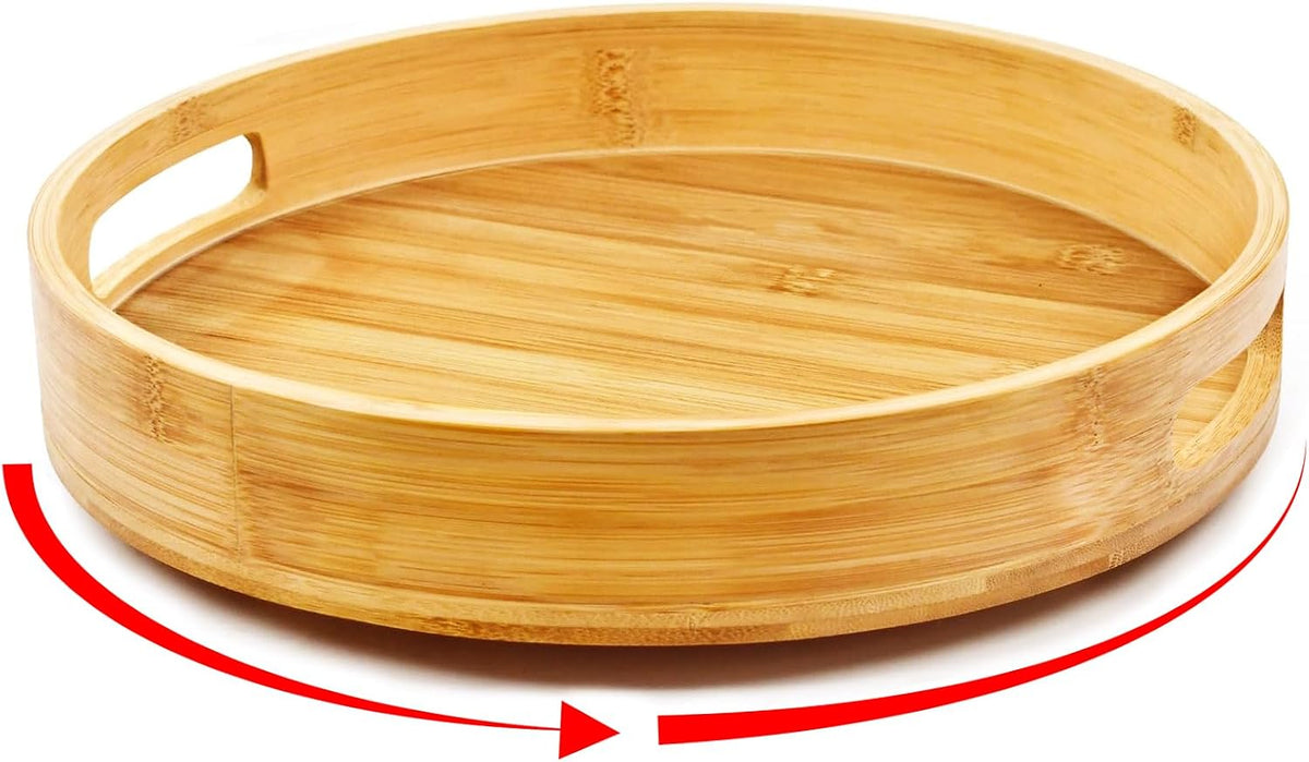 Acacia Wooden Lazy Susan for Table Top-12 Inch Wooden Lazy Susan Turntable with Double Handle-Large Acacia Wooden-Spice Organizer for Countertop, Table, Cabinet