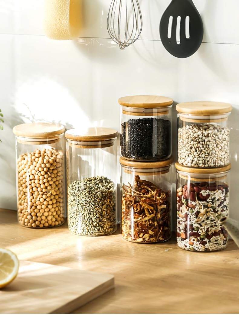SHOWIN Glass Food Storage Jars Square 37oz, 4 Pack Glass Jars With Bamboo Lids, Kitchen Storage Containers For Spice, Candy, Cookie, Storage For Pantry Organizers
