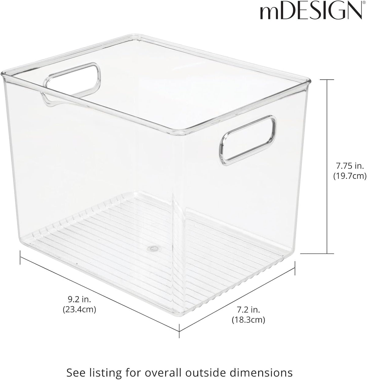 mDesign Plastic Deep Kitchen and Pantry Organizer Storage Bin with Handles for Cabinet, Fridge, Freezer - Food Storage Containers for Snacks, Yogurt Pouches or Fruit, Ligne Collection, 4 Pack, Clear