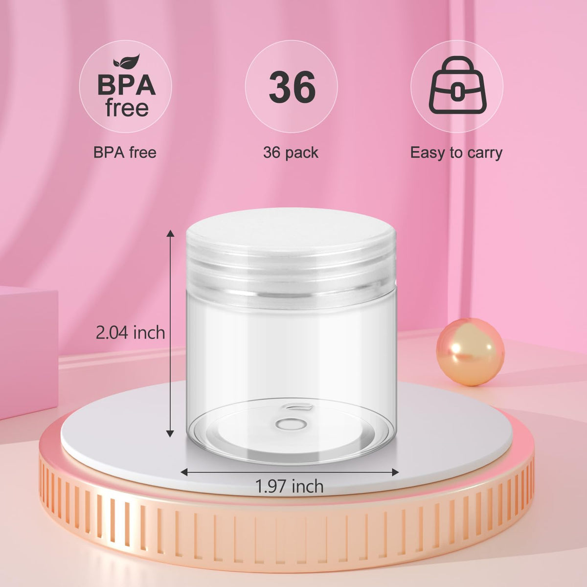 Loretoy 36 Pack 2 OZ Plastic Jars with Lids, BPA Free, Reusable, Refillable Transparent Cosmetic Containers for Bath Salts, Cosmetics, Powders, Beauty Product and Small Accessories