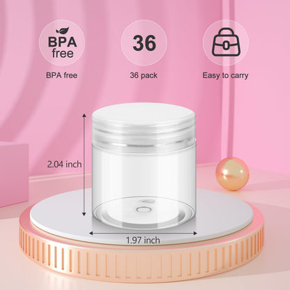 Loretoy 36 Pack 2 OZ Plastic Jars with Lids, BPA Free, Reusable, Refillable Transparent Cosmetic Containers for Bath Salts, Cosmetics, Powders, Beauty Product and Small Accessories