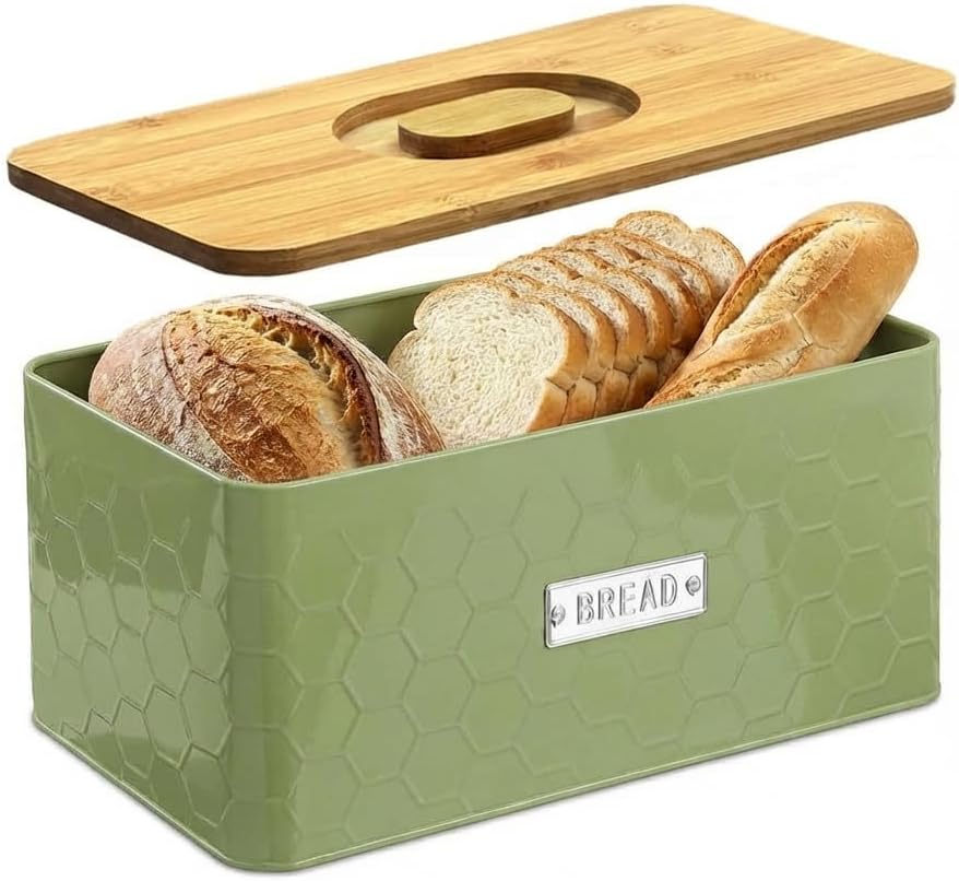 vensovo Bread Box for Countertop – Large White Metal Bread Bin with Bamboo Cutting Board Lid, Farmhouse Bread Storage Container for Homemade Bread, Baked Goods & Kitchen Counter Organization