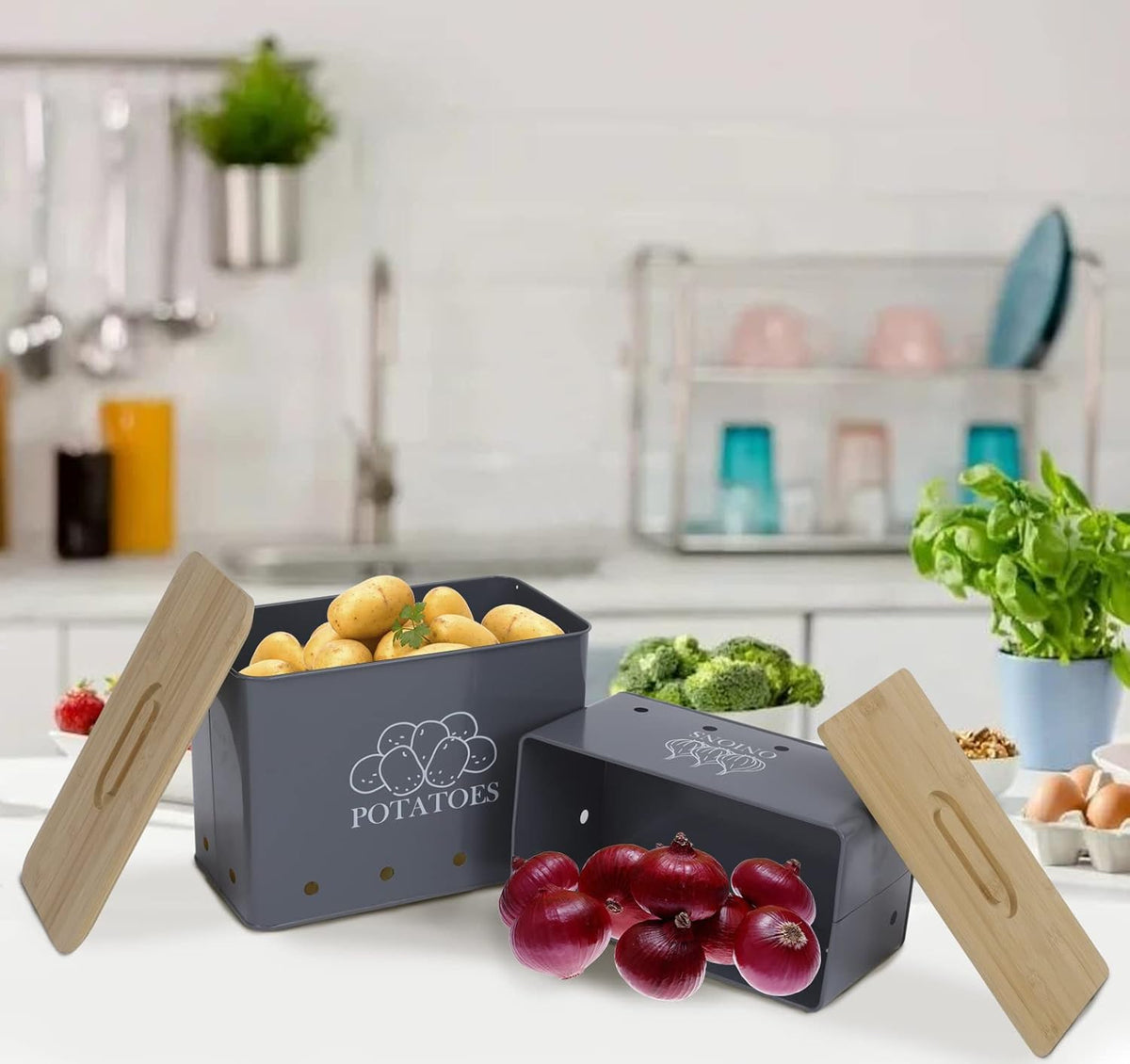 Potato Onion Storage Box, Food Container Sets, Storage Canisters for Vegeatables, Set of 2 Jars Pots Containers, Potato & Onion Bin with Aerating Tin Storage Holes & Bamboo Lid-White