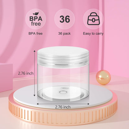 Loretoy 36 Pack 2 OZ Plastic Jars with Lids, BPA Free, Reusable, Refillable Transparent Cosmetic Containers for Bath Salts, Cosmetics, Powders, Beauty Product and Small Accessories