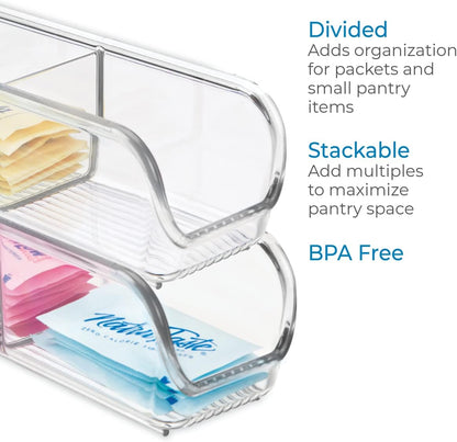 iDesign Plastic Packet and Tea Bag Organizer - Kitchen Storage Containers for Sugar, Salt, Pepper, Sweeteners, Tea Bags, Spices, The Linus Collection - 2.25" x 9" x 2", Clear