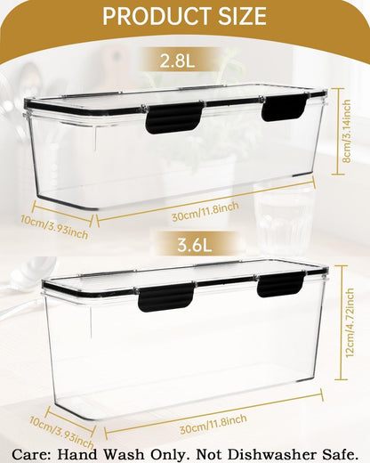 EORTA Set of 2 Spaghetti Pasta Storage Container with Lid, (3.6L/2.8L) Clear Kitchen Pantry Organizer for Noodles, Flour & Dry Food, Plastic Canisters Keeper Box with Black Cover, Size M/L (Black)