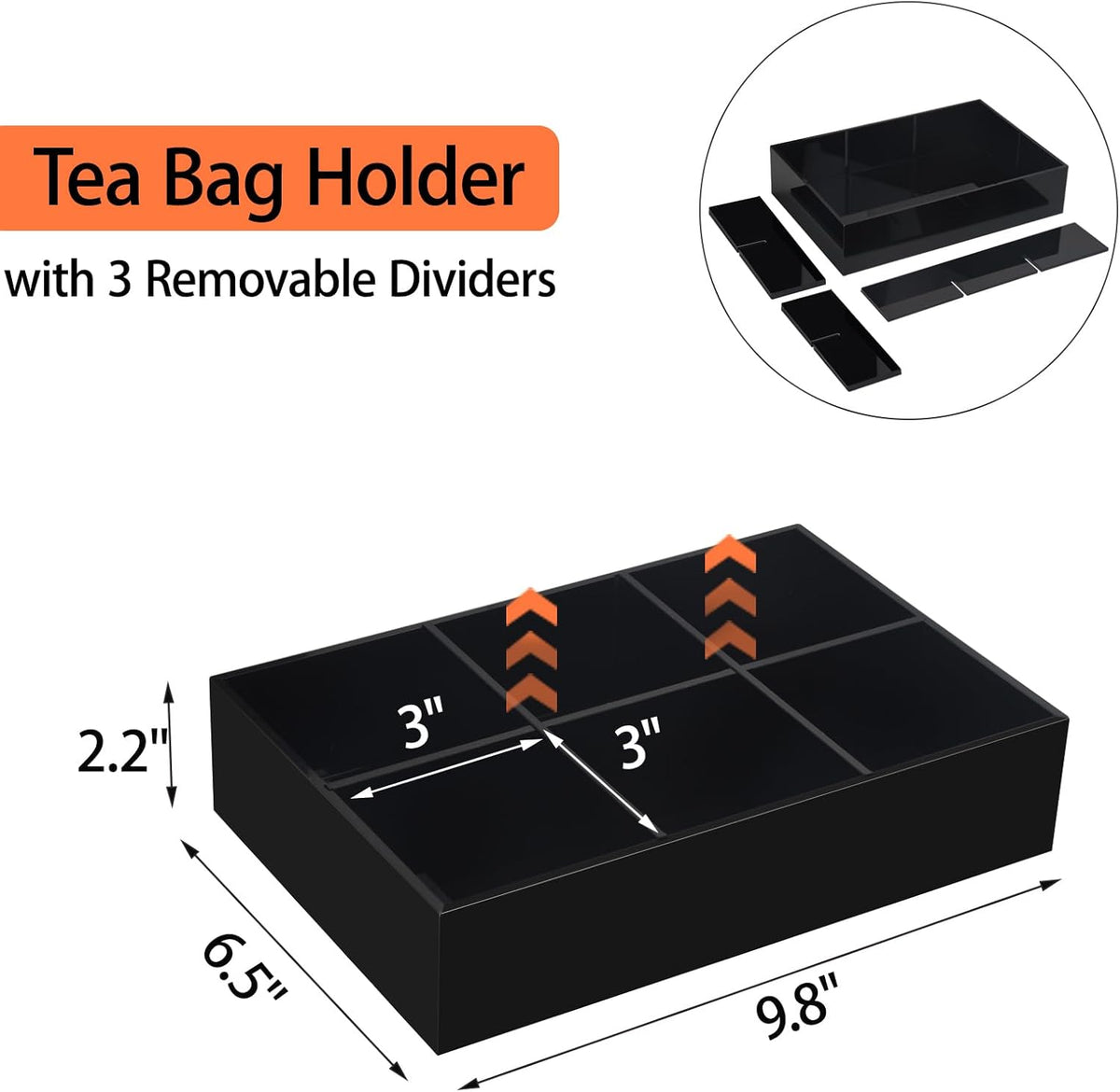 Tasybox Tea Bag Organizer, Clear Acrylic Tea Bag Holder with 6 Slot, Tea Packet Storage for Drawer, Pantry, Kitchen, Cabinet, Countertop