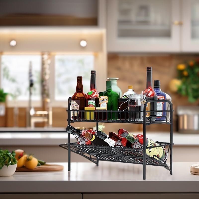 HengLiSam Spice Rack Organizer for Countertop, Heavy Duty Full Solid Metal Kitchen Shelves, 2 Tier Liquor Shelves Freestanding Holder Storage for Kitchen Cabinet Pantry Bottle Rack for Bathroom, Black