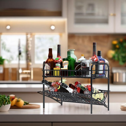 HengLiSam Spice Rack Organizer for Countertop, Heavy Duty Full Solid Metal Kitchen Shelves, 2 Tier Liquor Shelves Freestanding Holder Storage for Kitchen Cabinet Pantry Bottle Rack for Bathroom, Black