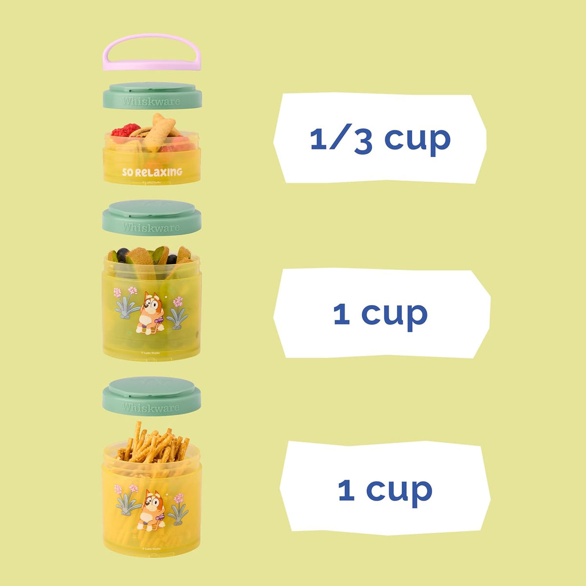 Whiskware Bluey Stackable Snack Containers for Babies, Toddlers, and Kids, 3 Stackable Snack Cups for School and Travel, Cupholder Friendly, Bluey and Bingo! Let’s Do This!