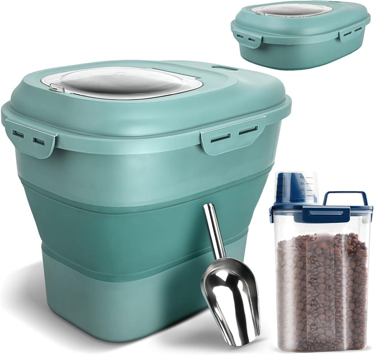 TIOVERY Dog Food Storage Container, Airtight Collapsible 13lb to 30lb Pet Food Container with Flip Top, Rolling Wheel, Scoop and 3L small container for Dog Cat Food and Dry Food of Rice, Flour